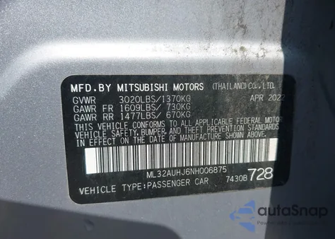 2022 Mitsubishi Mirage Es/Le z USA, uszkodzony, nr VIN ML32AUHJ6NH006875
